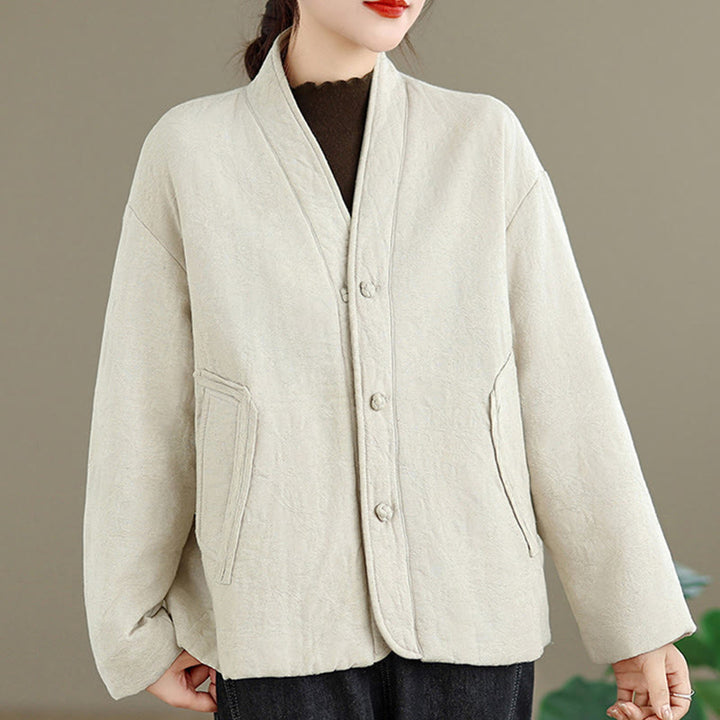 Buddha Stones Winter V-Neck Jacquard Frog-Button Cotton Long Sleeve Women's Thermal Jacket With Pockets - image 13