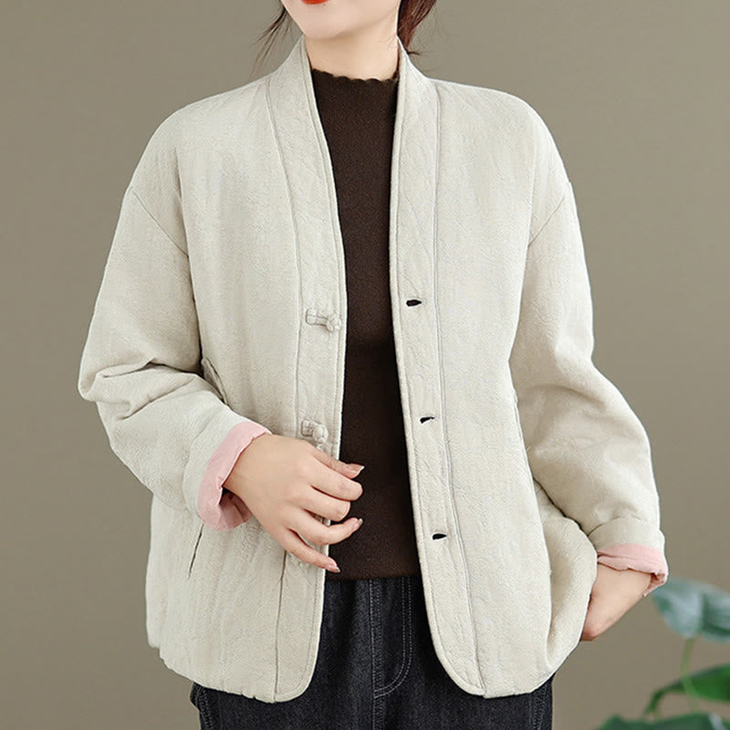 Buddha Stones Winter V-Neck Jacquard Frog-Button Cotton Long Sleeve Women's Thermal Jacket With Pockets - image 17