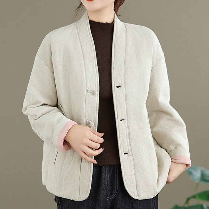 Buddha Stones Winter V-Neck Jacquard Frog-Button Cotton Long Sleeve Women's Thermal Jacket With Pockets - image 17