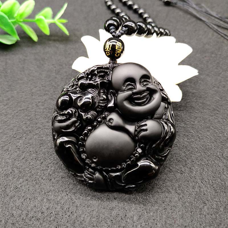 Buddha Stones Laughing Buddha Pattern Black Obsidian Glass Fulfilment Necklace Pendant - Black Obsidian - image 0
