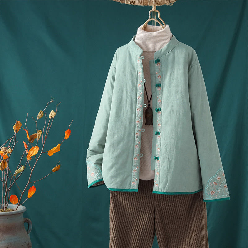 Buddha Stones Winter Frog-Button Embroidery Flowers Vines Open Front Cotton Long Sleeve Women's Thermal Jacket - PaleTurquoise - US8-10，UK/AU12-14，EU40-42 (2XL) - image 0