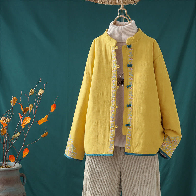 Buddha Stones Winter Frog-Button Embroidery Flowers Vines Open Front Cotton Long Sleeve Women's Thermal Jacket - Yellow - US8-10，UK/AU12-14，EU40-42 (2XL) - image 1