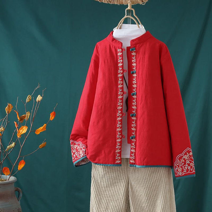 Buddha Stones Winter Frog-Button Embroidery Flowers Vines Open Front Cotton Long Sleeve Women's Thermal Jacket - Red - US8-10，UK/AU12-14，EU40-42 (2XL) - image 18