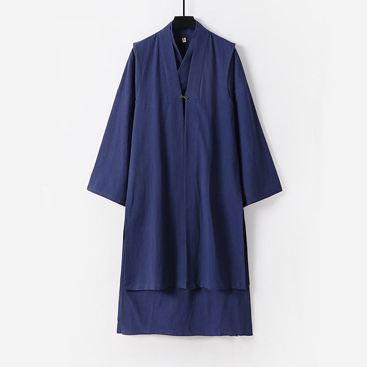 Buddha Stones 2Pcs Wudang Fall Solid Long Sleeve Men's Taoist Long Robe Sleeveless Vest Lace-up Kimono Ceremony Suit - SteelBlue - US/UK/AU54，EU64 (9XL) - image 12