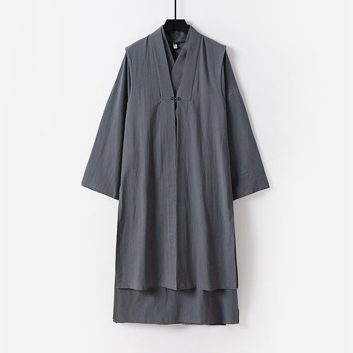 Buddha Stones 2Pcs Wudang Fall Solid Long Sleeve Men's Taoist Long Robe Sleeveless Vest Lace-up Kimono Ceremony Suit - DarkGray - US/UK/AU54，EU64 (9XL) - image 0