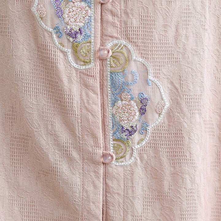 Buddha Stones Flower Embroidery Jacquard Three Quarter Sleeve Frog-Button Cotton Women's Shirt - image 24