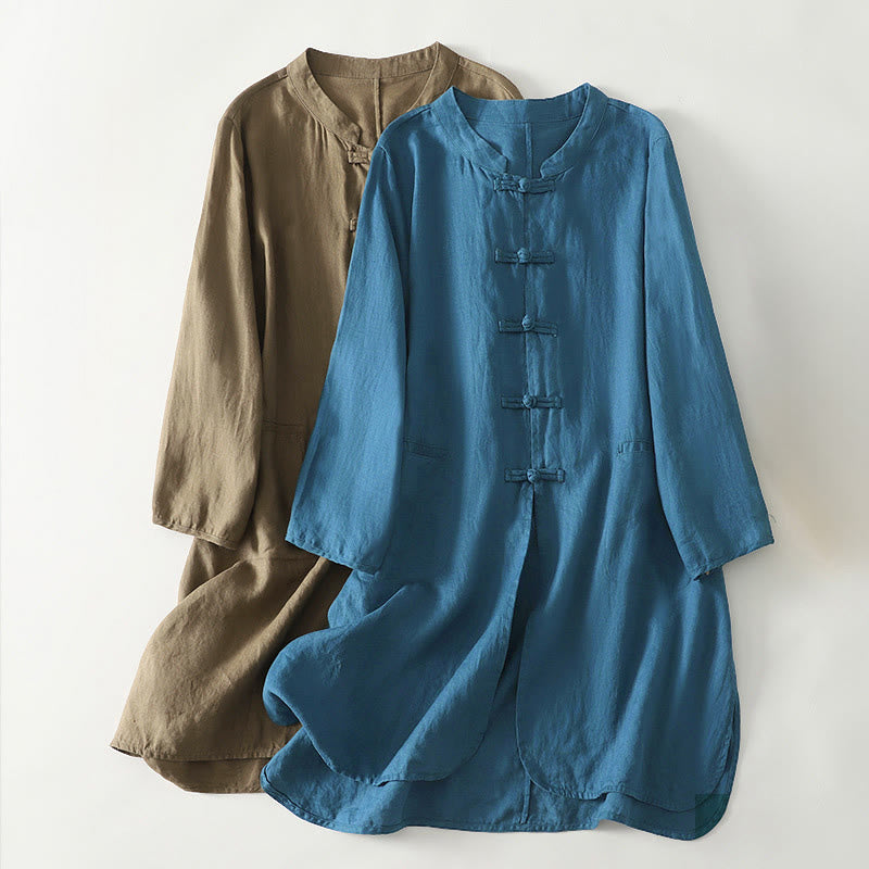 Buddha Stones Fall Solid Color Frog-Button Stand Collar Three Quarter Sleeve Mid-length Women's Cotton Shirt - image 0