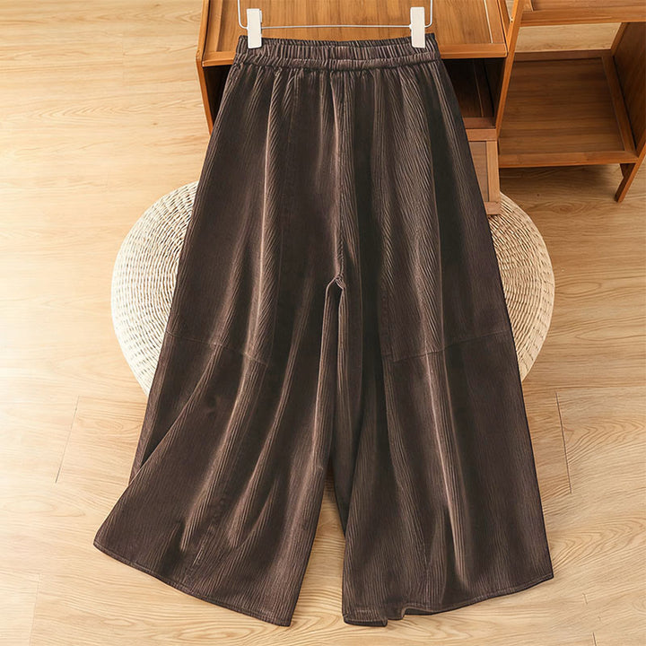 Buddha Stones Plain Elastic Waist Women's Cropped 7-8 Length Wide Leg Corduroy Pants - image 12