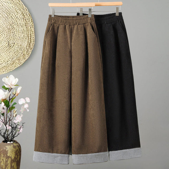 Buddha Stones Plain Elastic Waist Patchwork Plaid Women's Ankle-Length Wide Leg Corduroy Pants - image 9