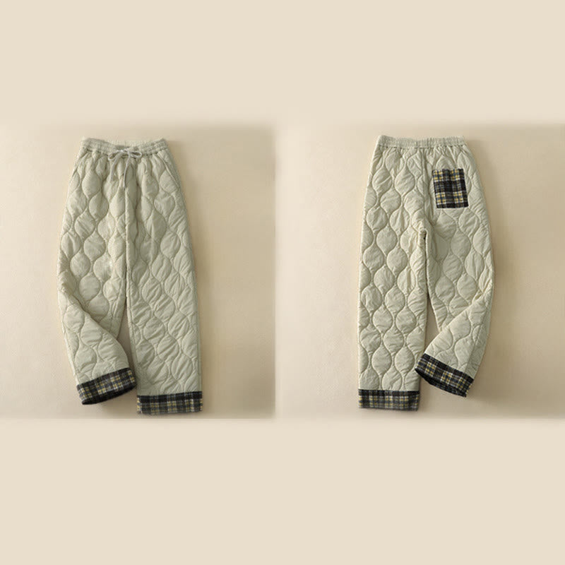 Buddha Stones Winter Curved Lines Elastic Waist Drawstring Patchwork Plaid Cotton Thermal Women's Pants With Pockets - image 14