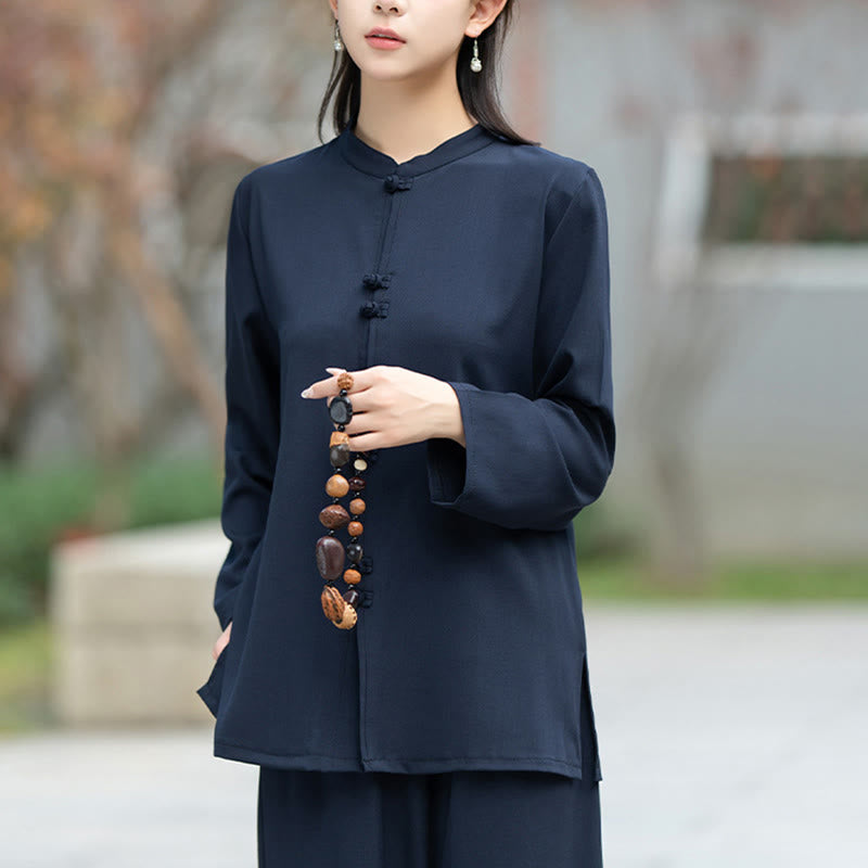 Buddha Stones 2Pcs Chinese Frog-Button Long Sleeve Shirt Top Pants Meditation Zen Tai Chi Cotton Clothing Women's Set - image 5