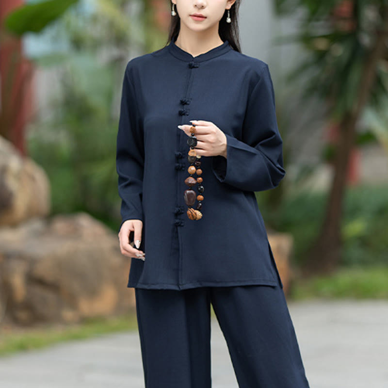 Buddha Stones 2Pcs Chinese Frog-Button Long Sleeve Shirt Top Pants Meditation Zen Tai Chi Cotton Clothing Women's Set - image 7