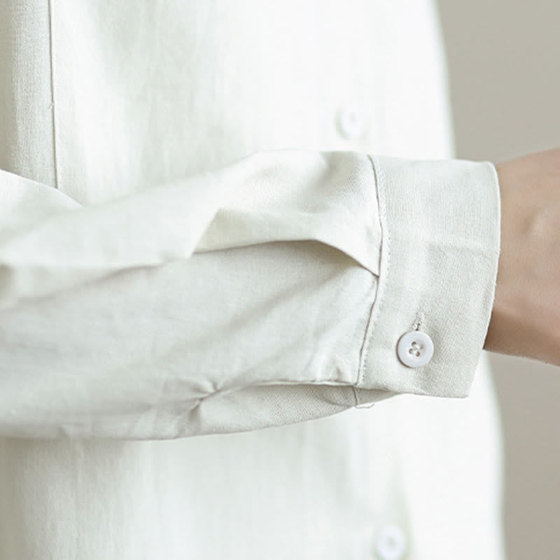 Buddha Stones 2Pcs Fall Solid Color Cotton Buttons Down Long Sleeve Shirt Ankle-Length Wide Leg Pants Women's Set With Pockets - image 8