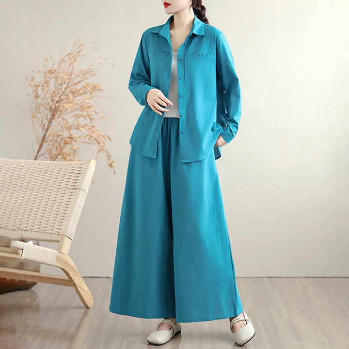 Buddha Stones 2Pcs Fall Solid Color Cotton Buttons Down Long Sleeve Shirt Ankle-Length Wide Leg Pants Women's Set With Pockets - image 14