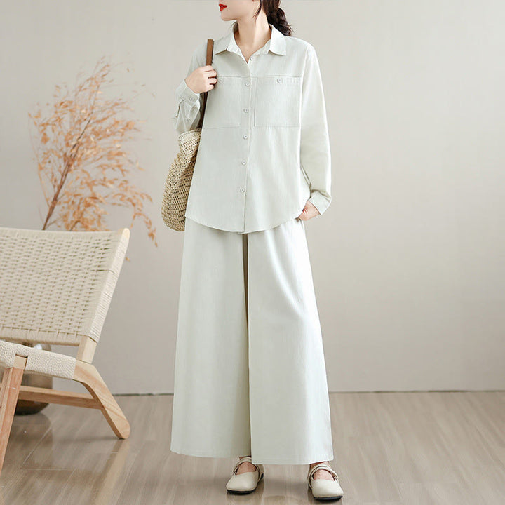 Buddha Stones 2Pcs Fall Solid Color Cotton Buttons Down Long Sleeve Shirt Ankle-Length Wide Leg Pants Women's Set With Pockets - image 2