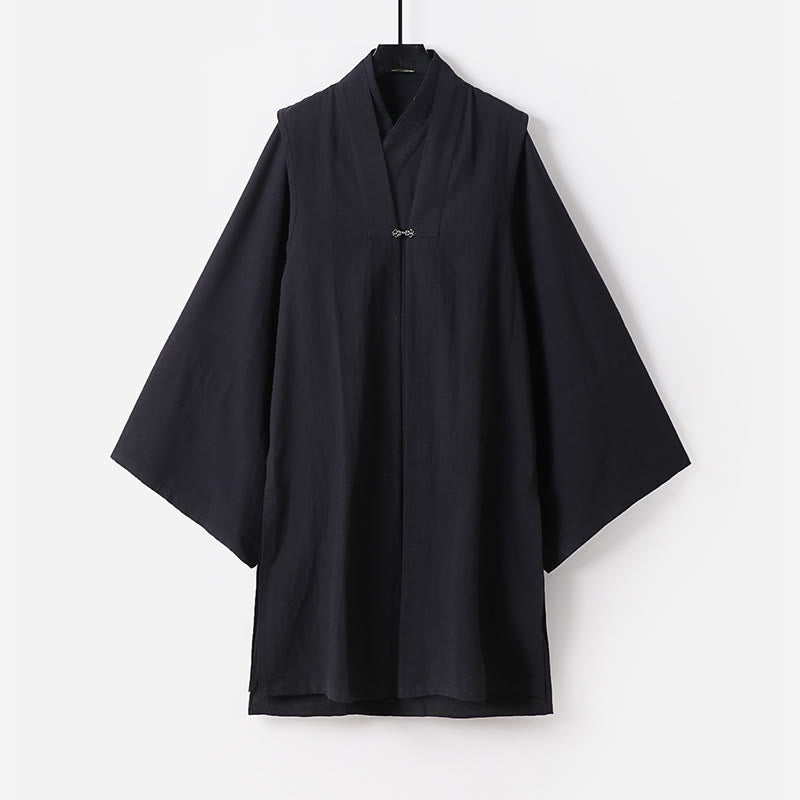 Buddha Stones 2Pcs Fall Solid Long Sleeve Men's Taoist Long Robe Lace-up Kimono Sleeveless Vest Qigong Ceremony Suit - Black - US/UK/AU54，EU64 (9XL) - image 14