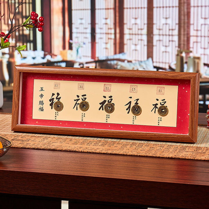 Buddha Stones Fu Character Five-Emperor Coins Lucky Fortune Photo Frame Ornament Home Decor - Style 2 - Medium Density Fiberboard(13*40*4cm) - image 2