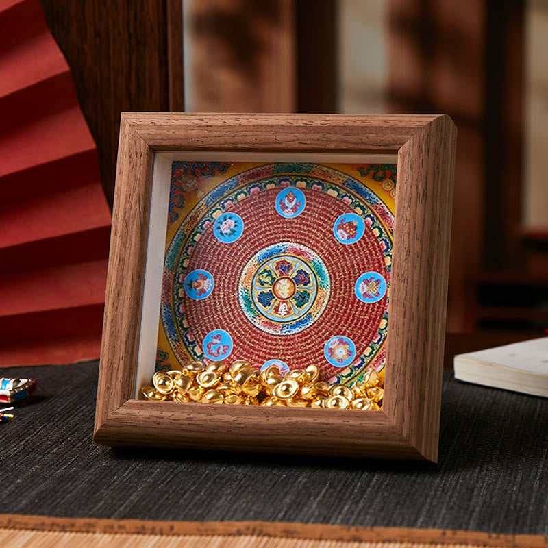 Buddha Stones Tibetan Om Mani Padme Hum Golden Ingot Thangka Photo Frame Ornament Home Decor - Style 1 - Brown Medium Density Fiberboard(10*10*4cm) - image 1