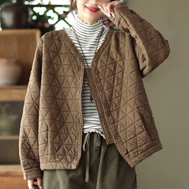 Buddha Stones Winter Cotton Long Sleeve Diamond Pattern Women's Thermal Jacket With Pockets - image 2