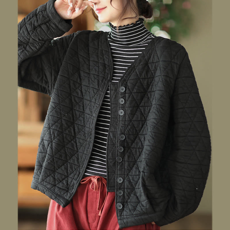 Buddha Stones Winter Cotton Long Sleeve Diamond Pattern Women's Thermal Jacket With Pockets - image 7