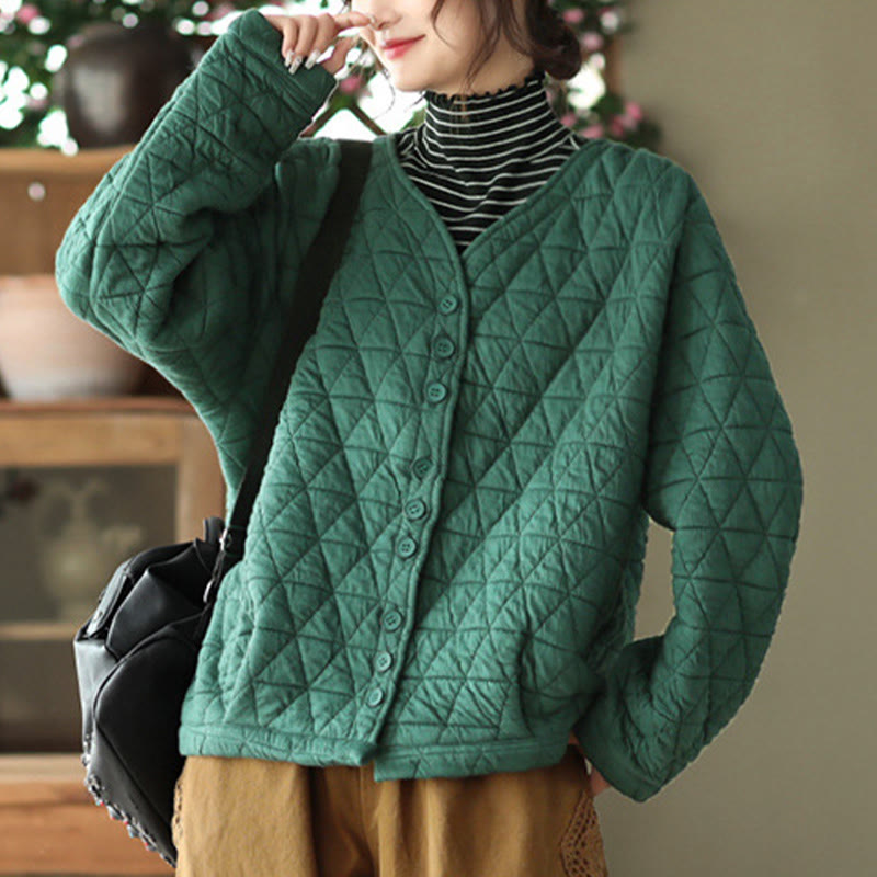 Buddha Stones Winter Cotton Long Sleeve Diamond Pattern Women's Thermal Jacket With Pockets - SeaGreen - US12，UK/AU16，EU44 (2XL) - image 3