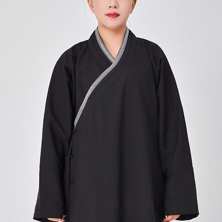 Buddha Stones 2Pcs Wudang Fall Solid Frog-Button Long Sleeve Linen Unisex Taoist Robe Kimono Pants Qigong Ceremony Suit - Black - 3XL-FIT FOR US/UK/AU/EU-XL - image 11