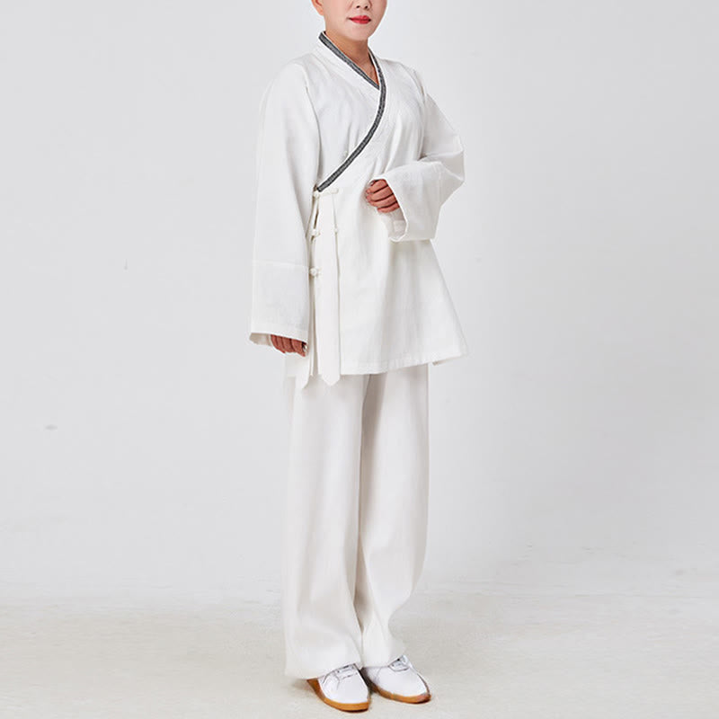 Buddha Stones 2Pcs Wudang Fall Solid Frog-Button Long Sleeve Linen Unisex Taoist Robe Kimono Pants Qigong Ceremony Suit - image 2