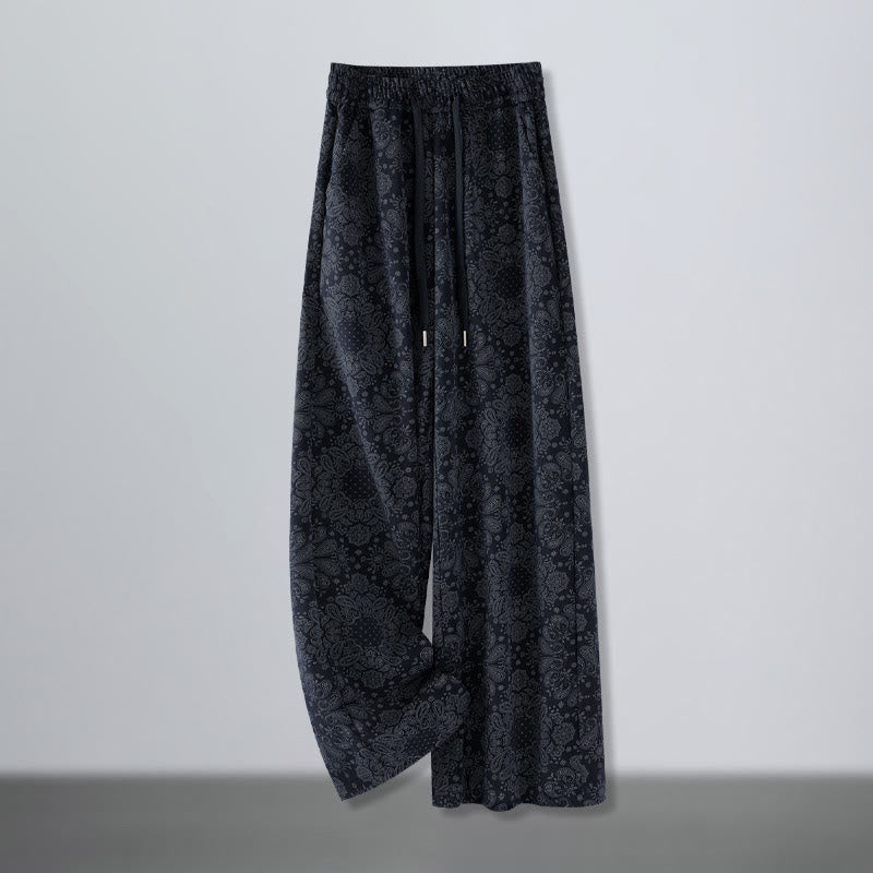 Buddha Stones Casual Floral Pattern Polyester Women's Wide Leg Pants With Pockets - MidnightBlue - US12，UK/AU16，EU44 (3XL) - image 0