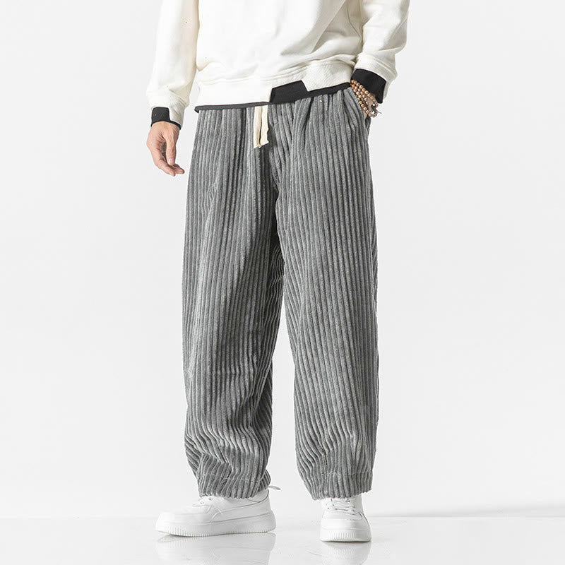 Buddha Stones Retro Winter Solid Color Men's Drawstring Corduroy Harem Pants With Pockets - Gray - US/UK/AU48，EU58(5XL) - image 0