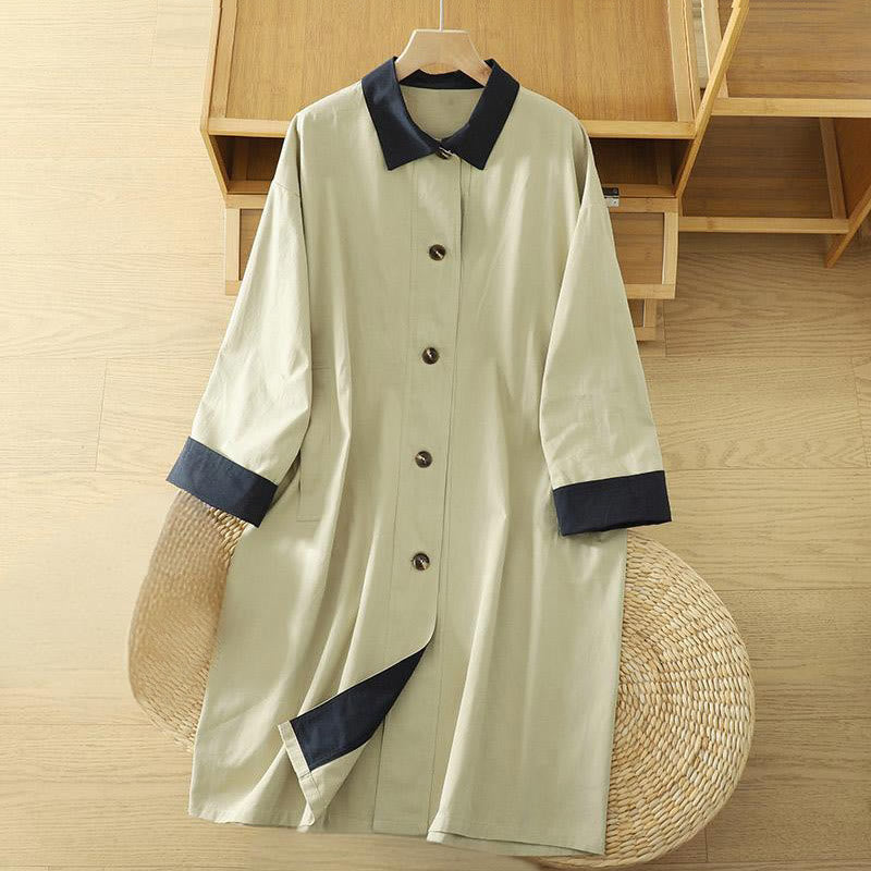 Buddha Stones Fall Lapel Buttons Patchwork Design Women's Cotton Long Sleeve Coat With Pockets - LightGoldenrodYellow - US12，UK/AU16，EU44 (XL) - image 1