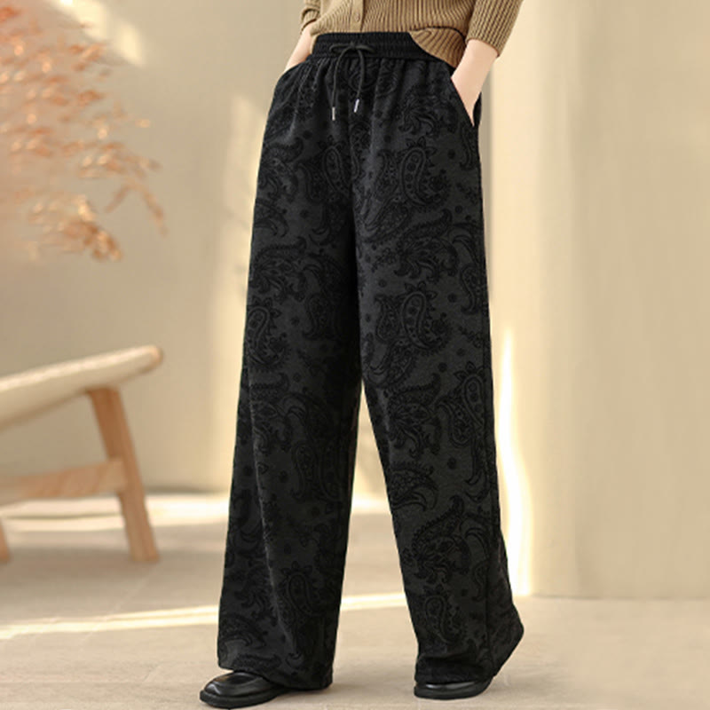 Buddha Stones Jacquard Paisley Pattern Women's Wide Leg Thermal Fleece-Lined Cotton Pants With Pockets - image 6
