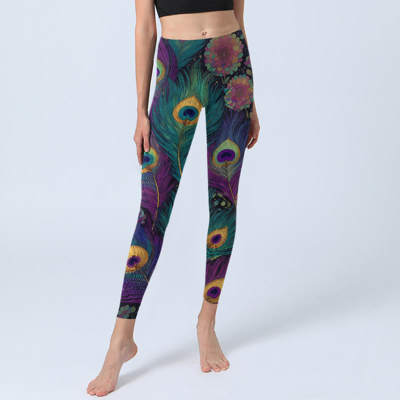 Buddha Stones Gorgeous Peacock Feather Flower Pattern Print Gym Leggings Women's Yoga Pants - image 5