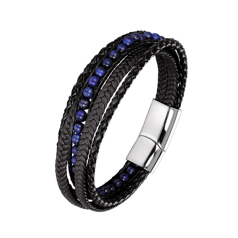 Buddha Stones Hematite Indian Agate Tiger Eye Amazonite Beaded Leather Strengthen Bracelet - Lazurite Silver Buckle - 18-22cm - image 13
