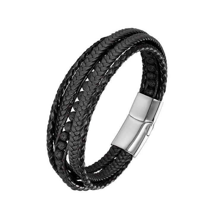 Buddha Stones Hematite Indian Agate Tiger Eye Amazonite Beaded Leather Strengthen Bracelet - Lava Rock Silver Buckle - 18-22cm - image 15