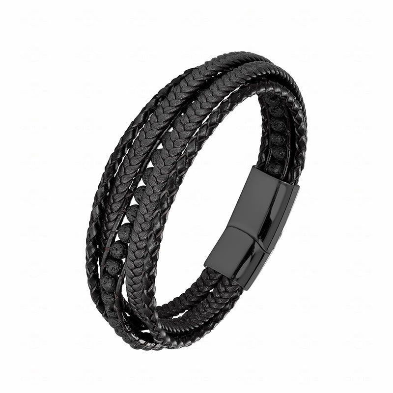 Buddha Stones Hematite Indian Agate Tiger Eye Amazonite Beaded Leather Strengthen Bracelet - Lava Rock Black Buckle - 18-22cm - image 23