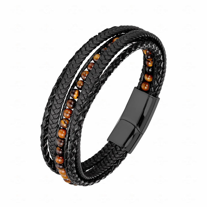 Buddha Stones Hematite Indian Agate Tiger Eye Amazonite Beaded Leather Strengthen Bracelet - Tiger Eye Black Buckle - 18-22cm - image 20