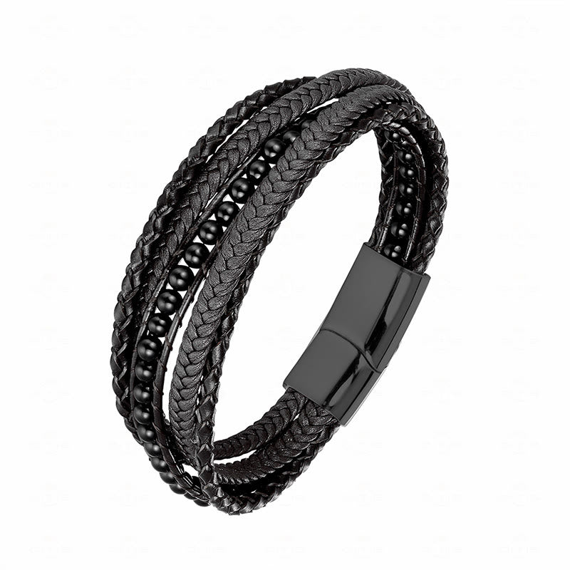 Buddha Stones Hematite Indian Agate Tiger Eye Amazonite Beaded Leather Strengthen Bracelet - Black Onyx Black Buckle - 18-22cm - image 24