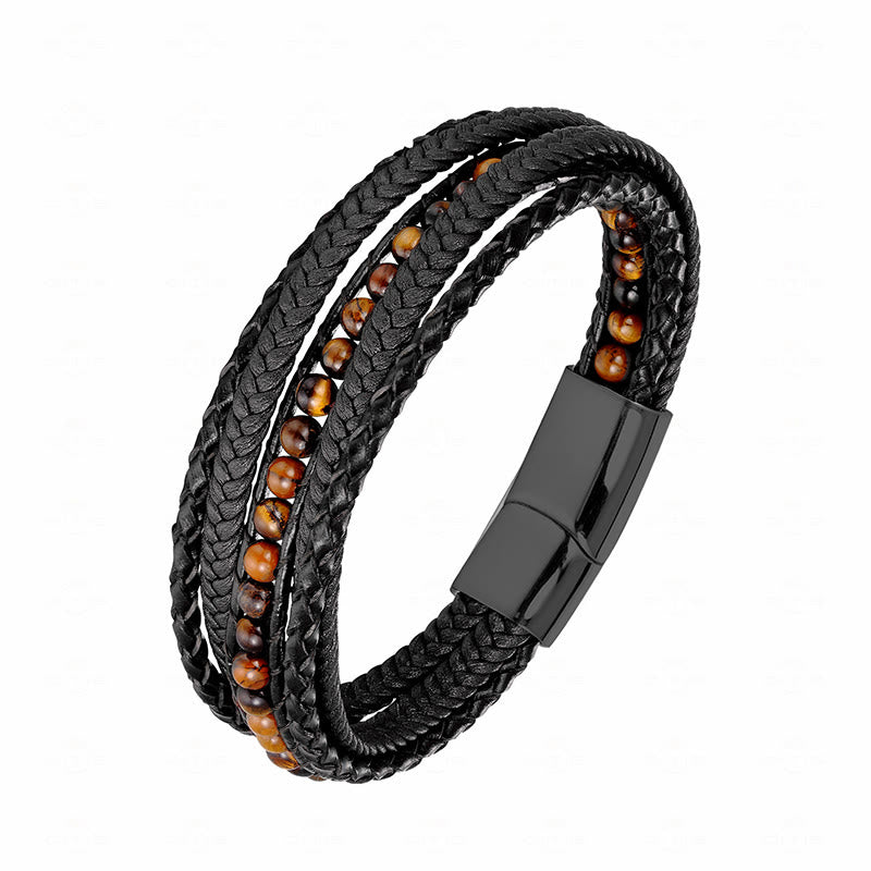 Buddha Stones Hematite Indian Agate Tiger Eye Amazonite Beaded Leather Strengthen Bracelet - Tiger Eye Black Buckle - 18-22cm - image 20