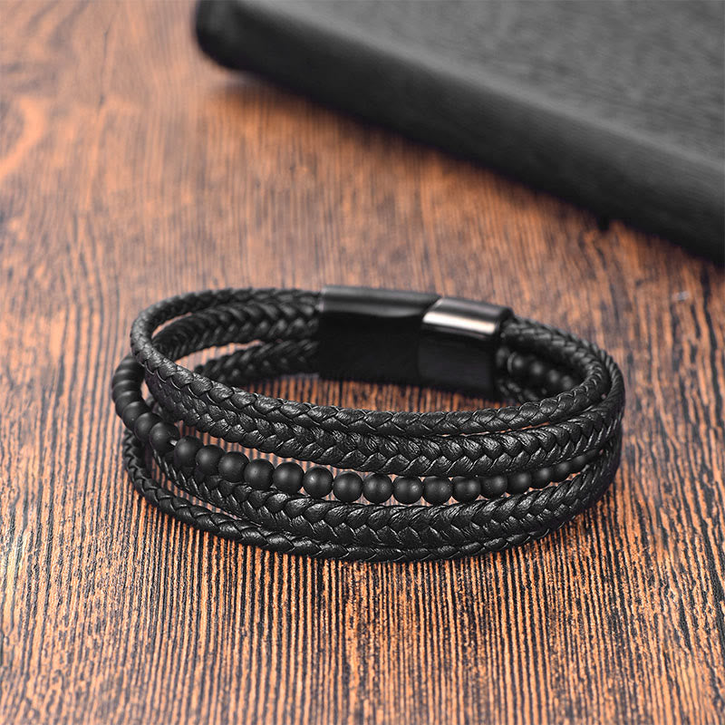 Buddha Stones Matte Frosting Black Onyx Leather Fortune Multilayered Braided Bracelet - image 1