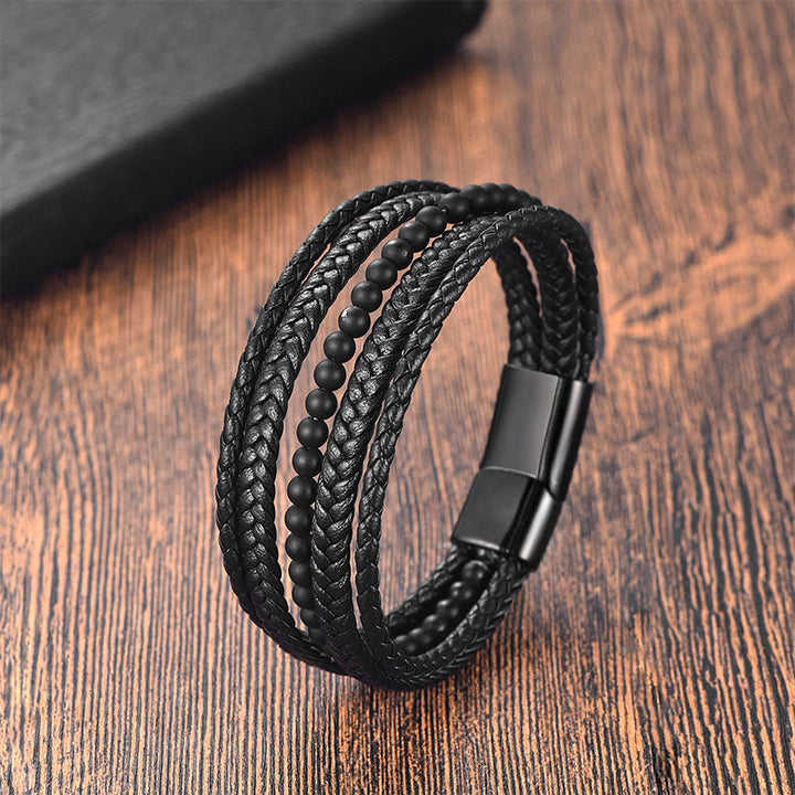 Buddha Stones Matte Frosting Black Onyx Leather Fortune Multilayered Braided Bracelet - Black Onyx(Wrist Circumference: 18-20cm) - image 0