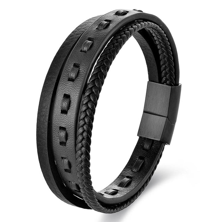 Buddha Stones Titanium Steel Buckle Multilayered Braided Leather Calm Bracelet - Black Multi Layer(Wrist Circumference: 18-20cm) - image 1