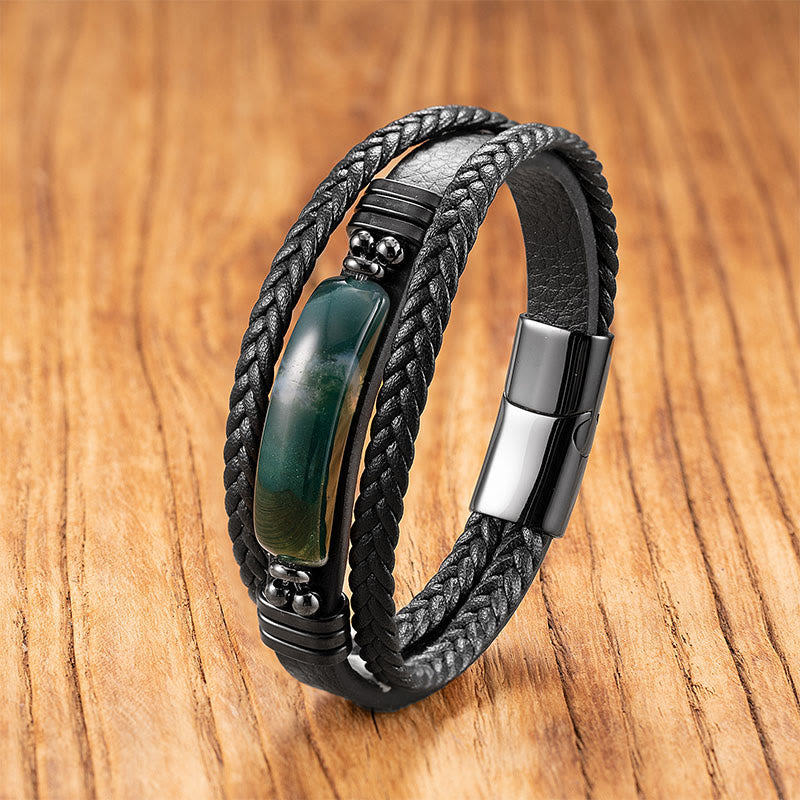 Buddha Stones Hematite Lazurite Lapis Lazuli Black Glitter Stone Pink Crystal Titanium Steel Leather Strengthen Bracelet - Green Agate - 18-22cm - image 23