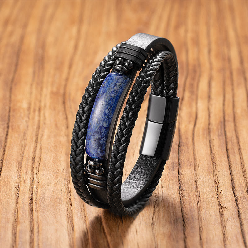 Buddha Stones Hematite Lazurite Lapis Lazuli Black Glitter Stone Pink Crystal Titanium Steel Leather Strengthen Bracelet - Lazurite - 18-22cm - image 3
