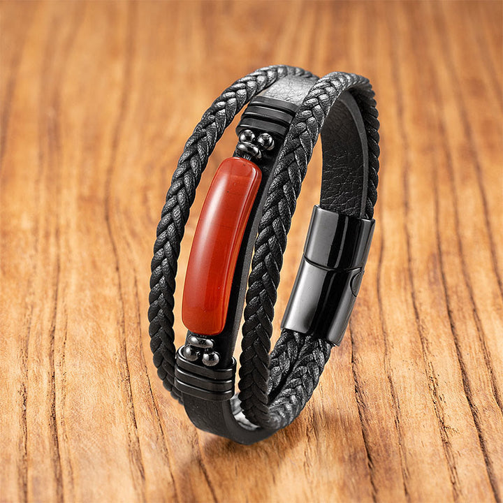 Buddha Stones Hematite Lazurite Lapis Lazuli Black Glitter Stone Pink Crystal Titanium Steel Leather Strengthen Bracelet - Red Liuli - 18-22cm - image 9