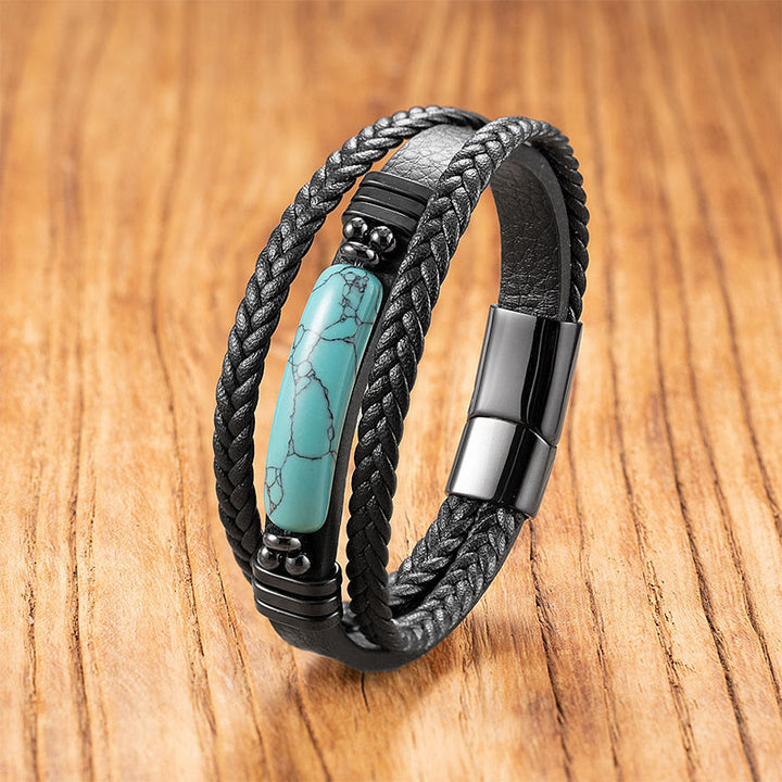 Buddha Stones Hematite Lazurite Lapis Lazuli Black Glitter Stone Pink Crystal Titanium Steel Leather Strengthen Bracelet - Turquoise - 18-22cm - image 10