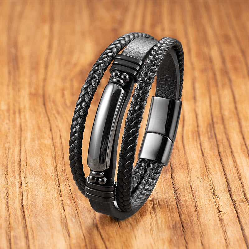 Buddha Stones Hematite Lazurite Lapis Lazuli Black Glitter Stone Pink Crystal Titanium Steel Leather Strengthen Bracelet - Hematite - 18-22cm - image 0