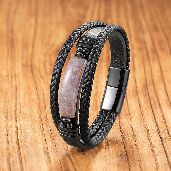 Buddha Stones Hematite Lazurite Lapis Lazuli Black Glitter Stone Pink Crystal Titanium Steel Leather Strengthen Bracelet - Pink Agate - 18-22cm - image 24