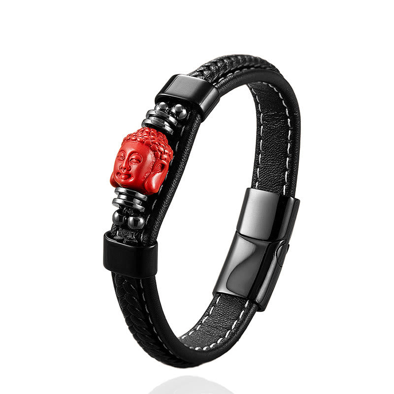 Buddha Stones Cinnabar Buddha Symbol Koi Fish Dragon Fu Character Pi Xiu Design Leather Blessing Bracelet - image 1