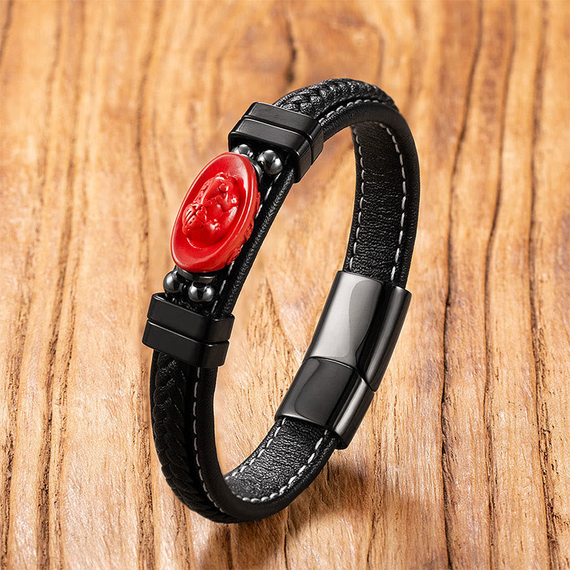 Buddha Stones Cinnabar Buddha Symbol Koi Fish Dragon Fu Character Pi Xiu Design Leather Blessing Bracelet - Ingot&Fu Character - 18-22cm - image 8