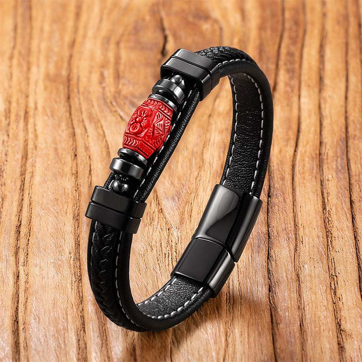 Buddha Stones Cinnabar Buddha Symbol Koi Fish Dragon Fu Character Pi Xiu Design Leather Blessing Bracelet - Carved Flower - 18-22cm - image 12